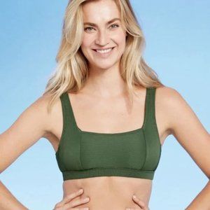 Kona Sol Dark Green Ribbed Square Neck Bikini Top- NWT